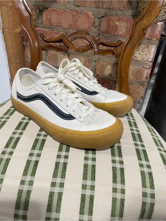 Vans Shoes - Vans Cream Canvas Low-Top Sneakers with Black Stripe and Gum Sole